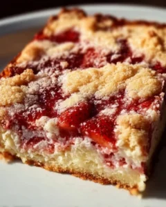 Strawberry Cheesecake Dump Cake topped with fresh strawberries and whipped cream.