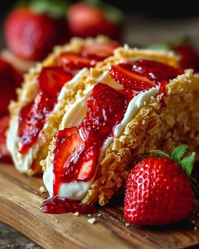 Strawberry Crunch Cheesecake Tacos with vibrant strawberries and crunchy topping