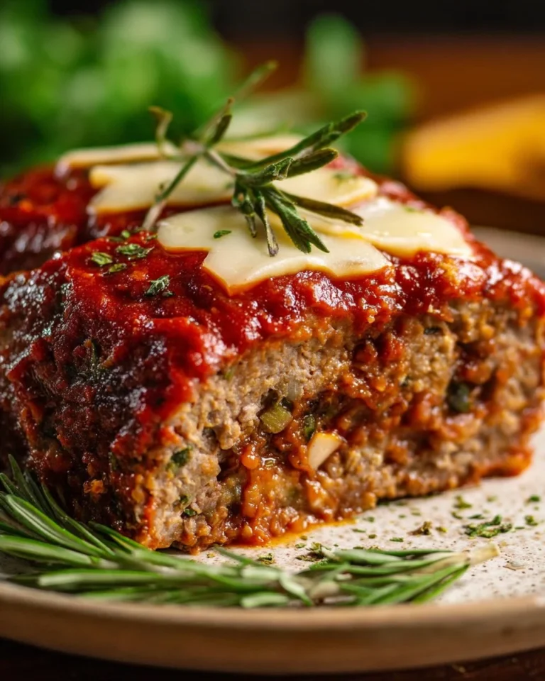Delicious stuffed Italian meatloaf sliced on a wooden cutting board