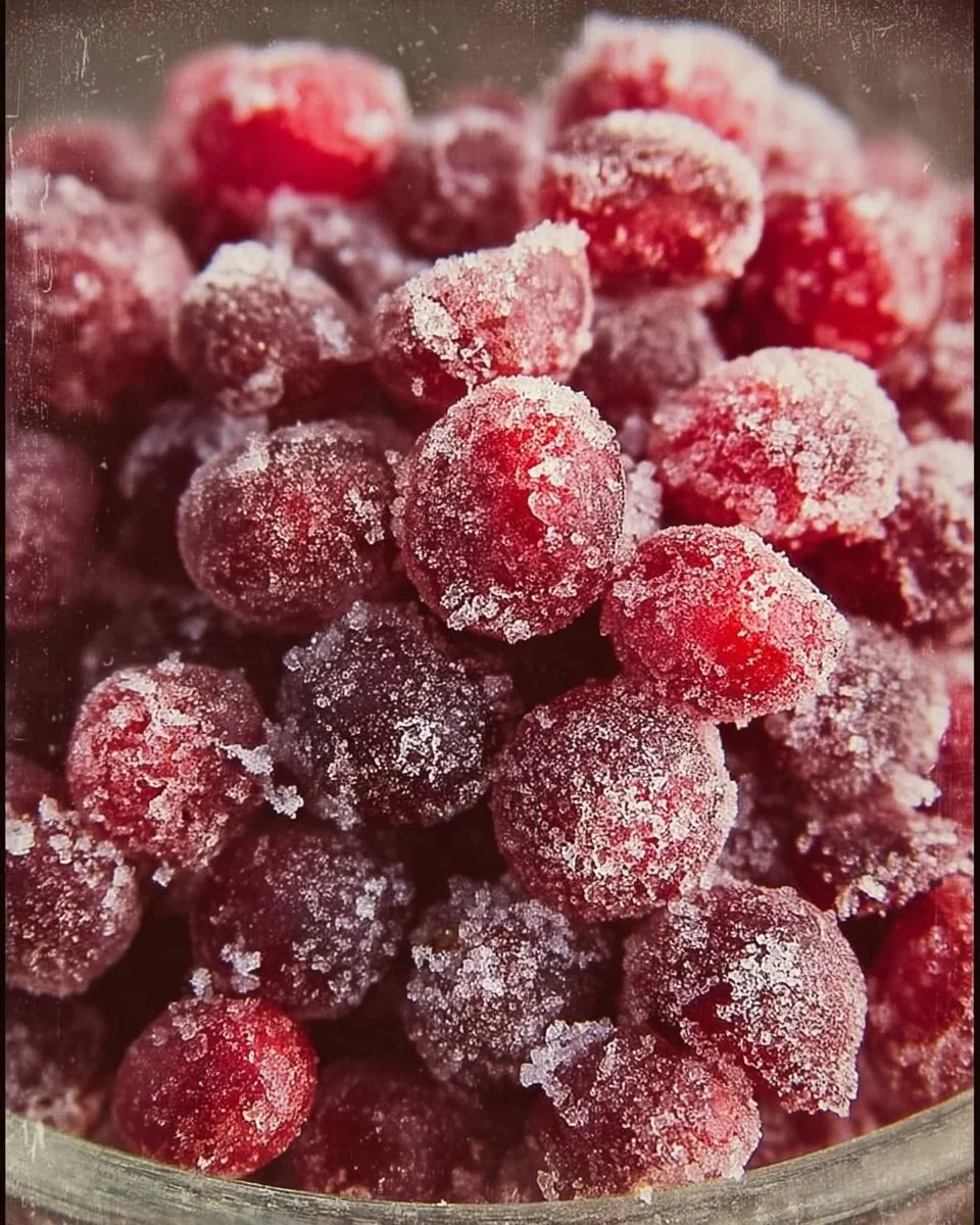 Bowl of fresh sugared cranberries ready for holiday desserts and decorations.