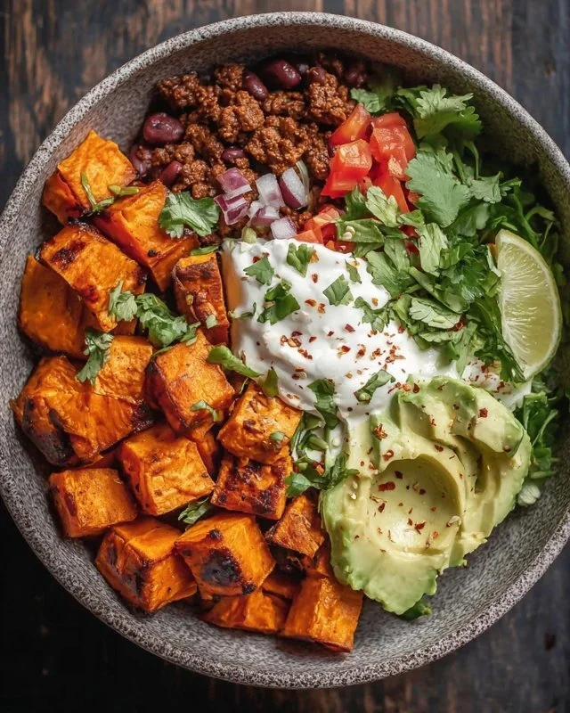 Delicious Sweet Potato Taco Bowl served with fresh toppings
