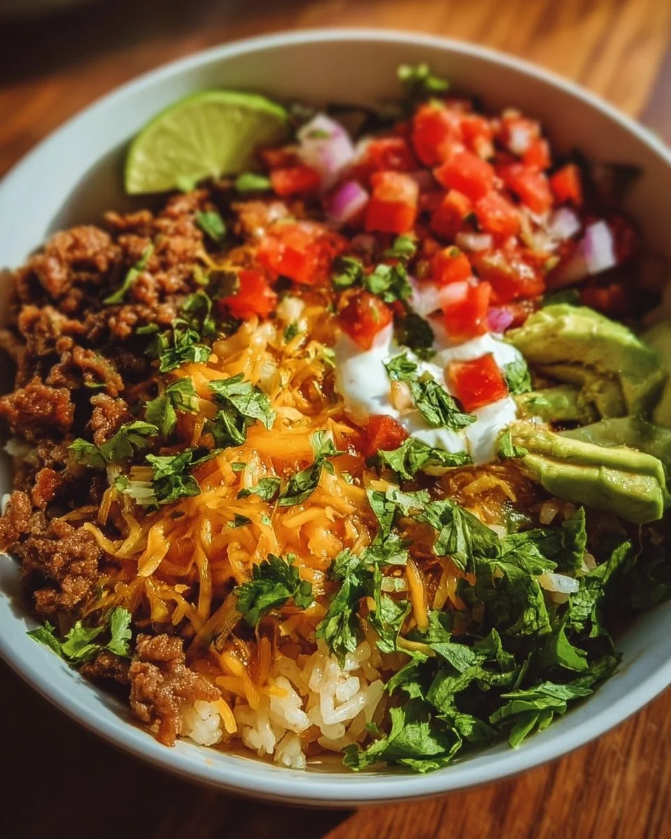 Delicious Taco Rice Bowl with seasoned beef, fresh vegetables, and rice.