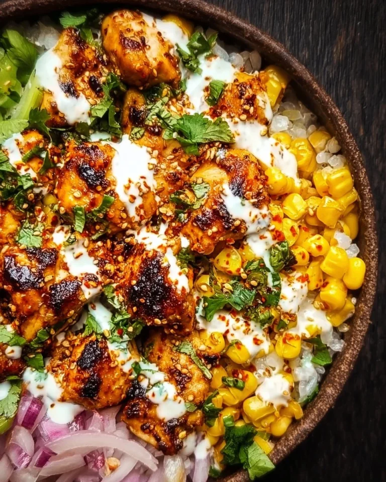 Bowl of tasty street corn chicken with fresh toppings and spices.