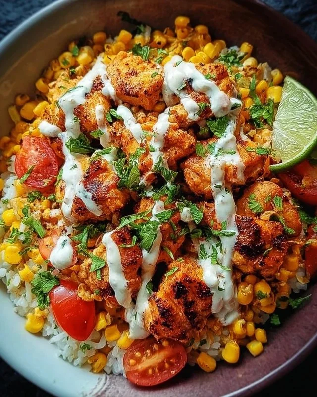 Delicious street corn chicken bowl topped with fresh ingredients