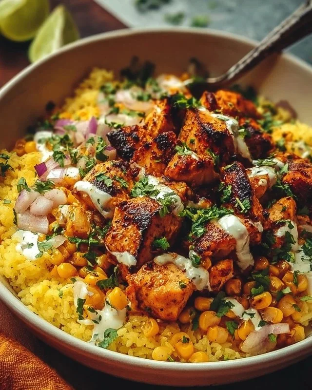 Delicious street corn chicken bowl with grilled chicken and vibrant toppings