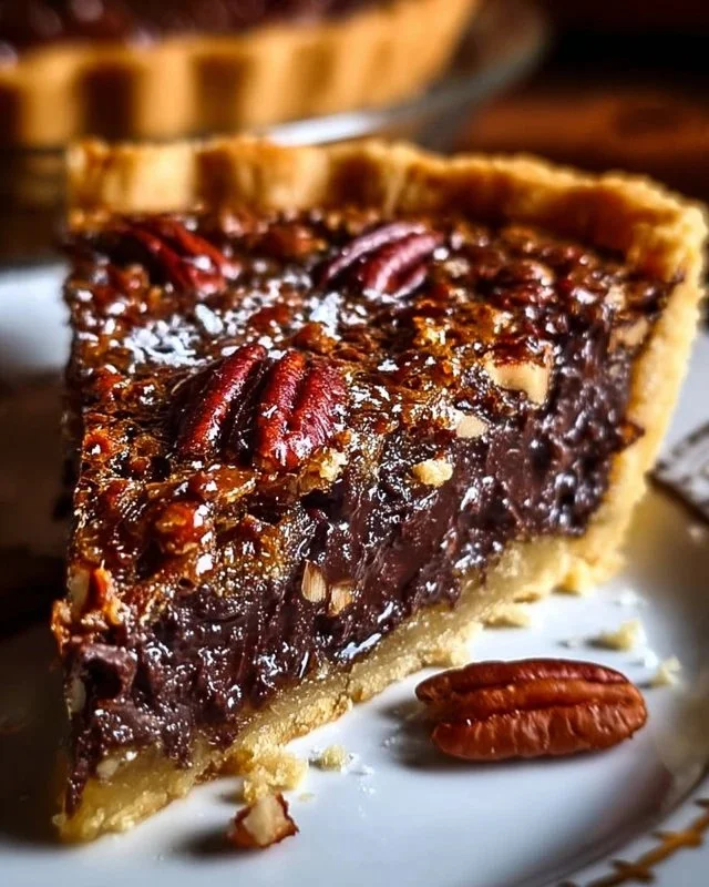 Texas Chocolate Pecan Pie with chocolate and pecans in a flaky crust