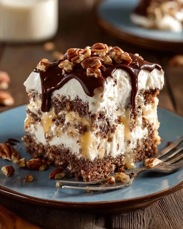 A slice of Texas Tornado Cake topped with cream and nuts on a rustic wooden table.
