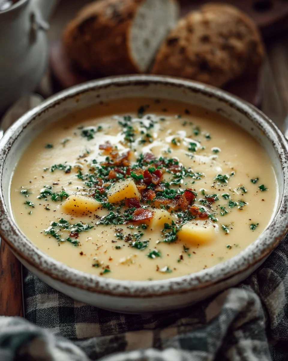 Bowl of creamy potato soup garnished with herbs and crispy bacon.
