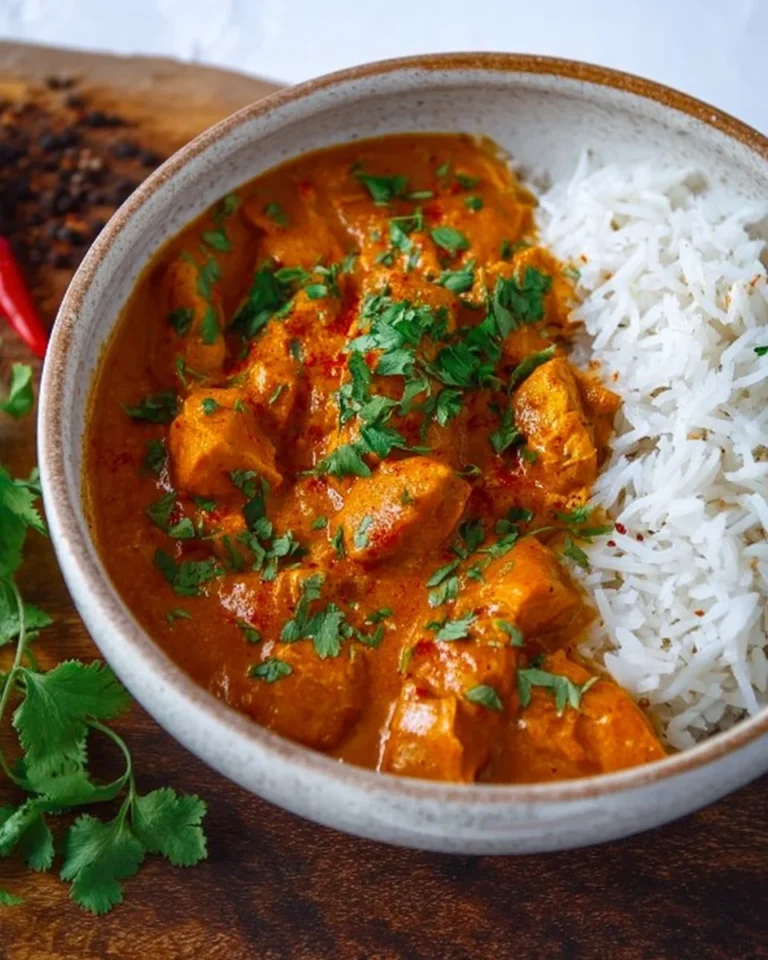 Delicious pumpkin chicken curry served in a bowl with fresh herbs