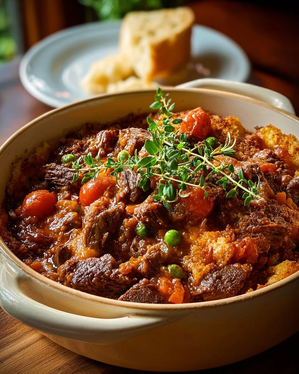 Delicious Tuscan Beef Casserole Delight served in a rustic dish.