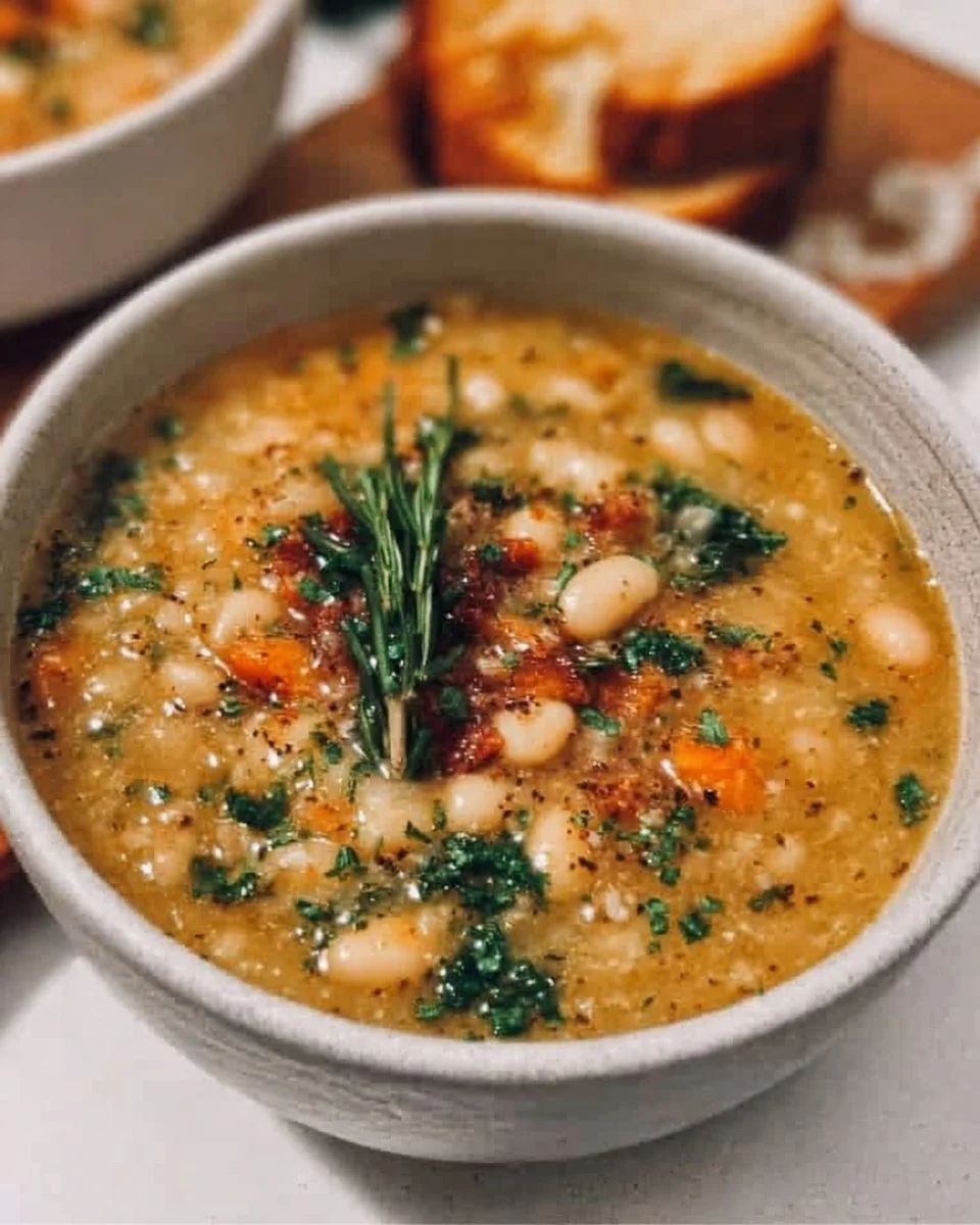 Bowls of delicious Tuscan white bean soup garnished with herbs and bread
