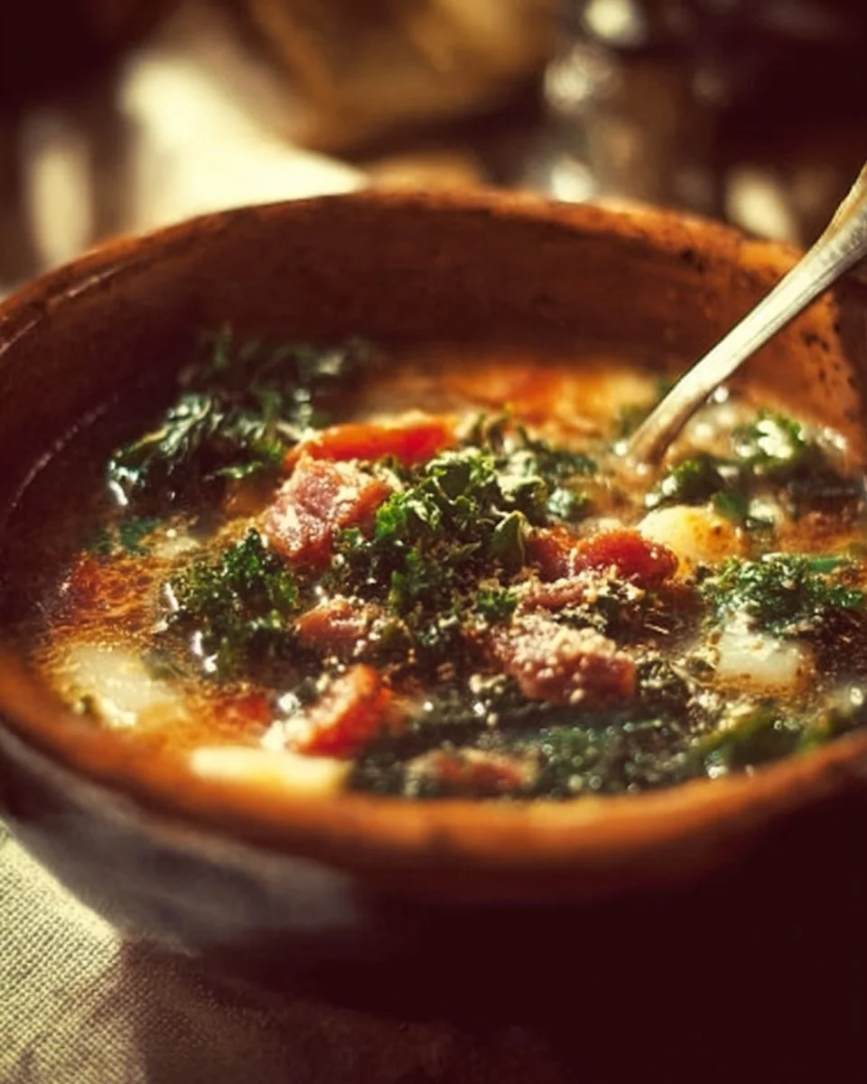 Bowl of delicious homemade Tuscany Soup garnished with fresh herbs.
