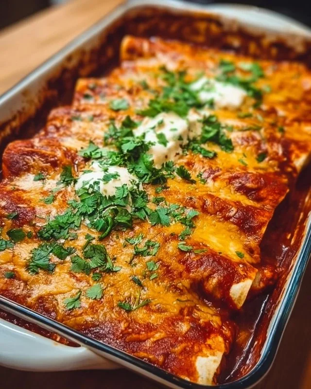 Delicious quick and easy chicken enchiladas ready to serve with toppings.