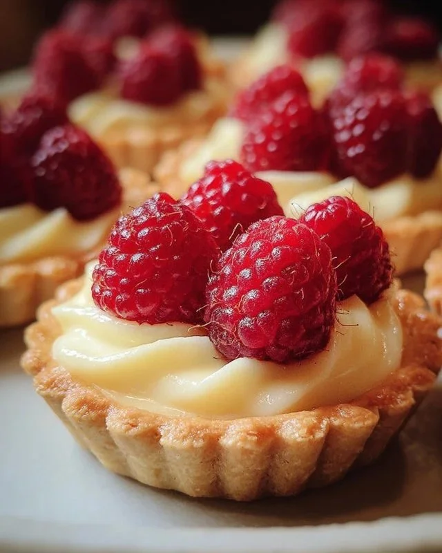Delicious Vanilla Cream Tarts topped with Fresh Raspberries