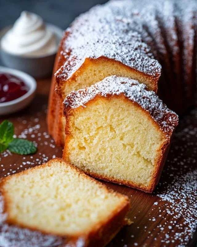 Delicious homemade Vanilla Pound Cake decorated for serving