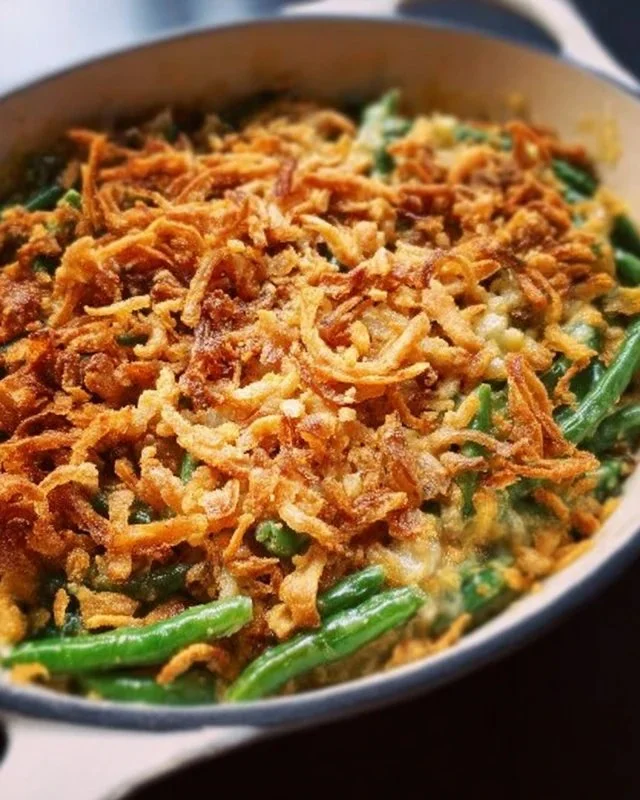 Vegan green bean casserole in a baking dish topped with crispy onions