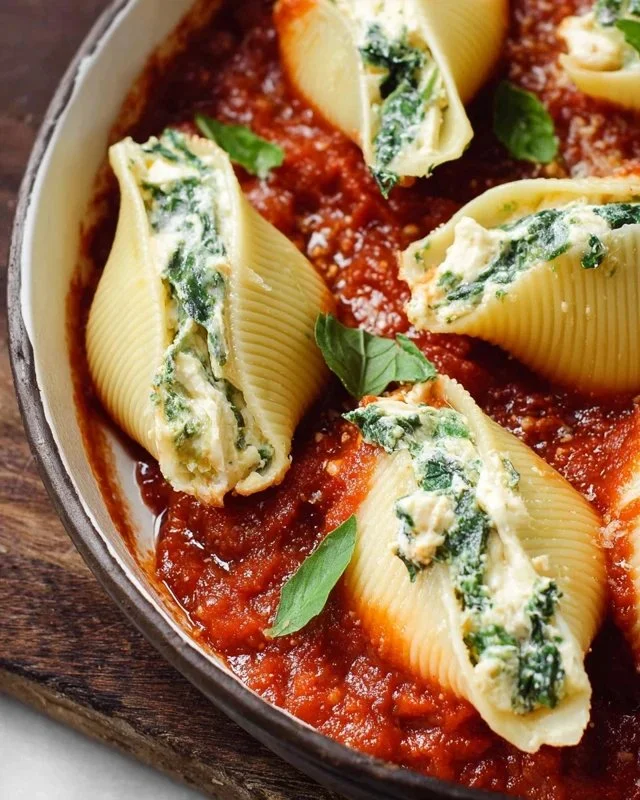 Vegan stuffed shells filled with tofu ricotta and topped with marinara sauce.