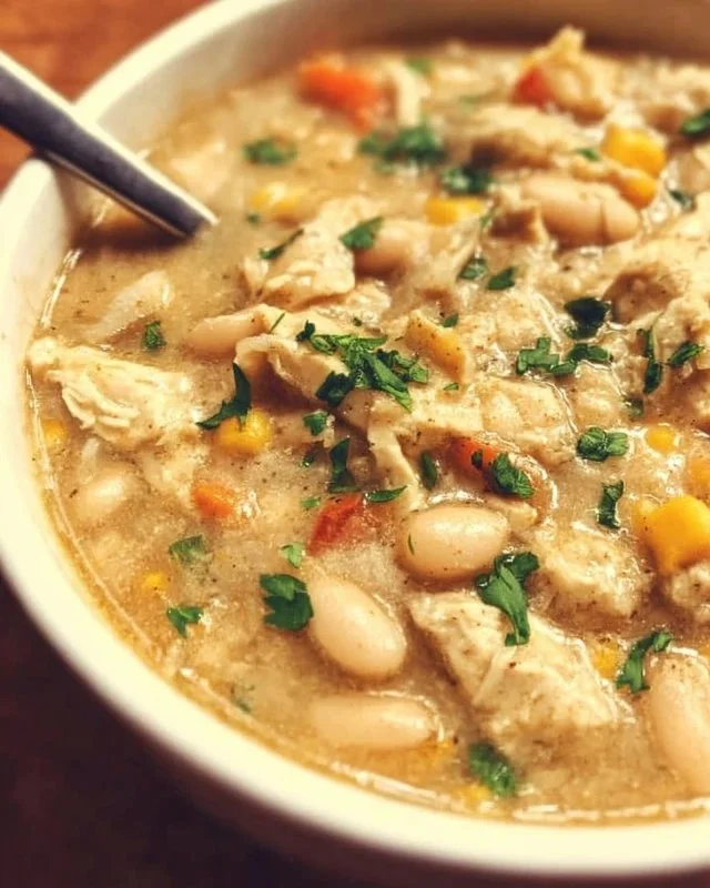 Bowl of delicious homemade White Chicken Chili garnished with cilantro