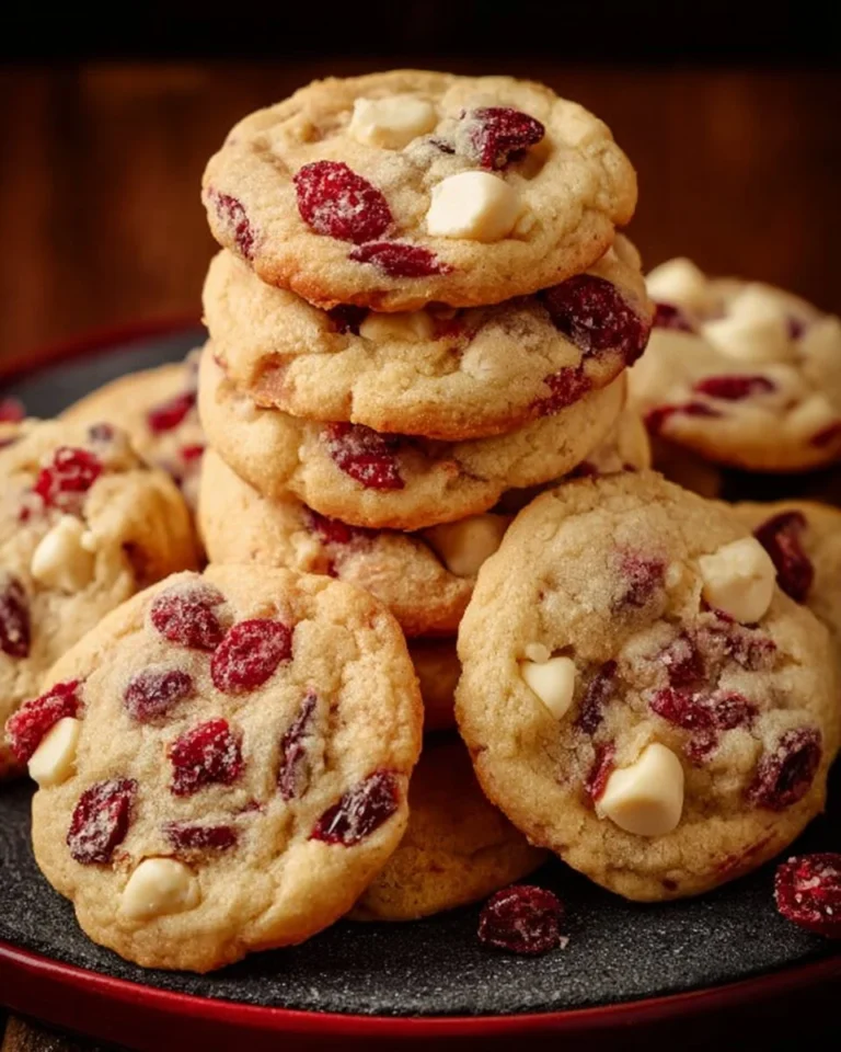 Delicious white chocolate cranberry cookies on a rustic wooden table.