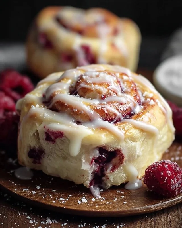 Delicious White Chocolate Raspberry Rolls with chocolate drizzle and fresh raspberries