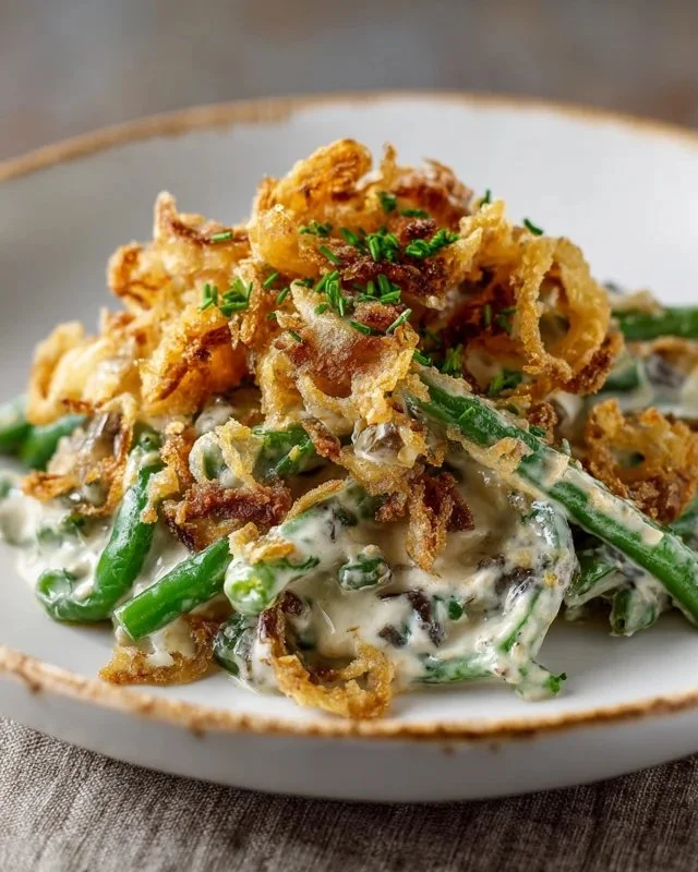 Crockpot green bean casserole served in a festive dish for holiday dinner.