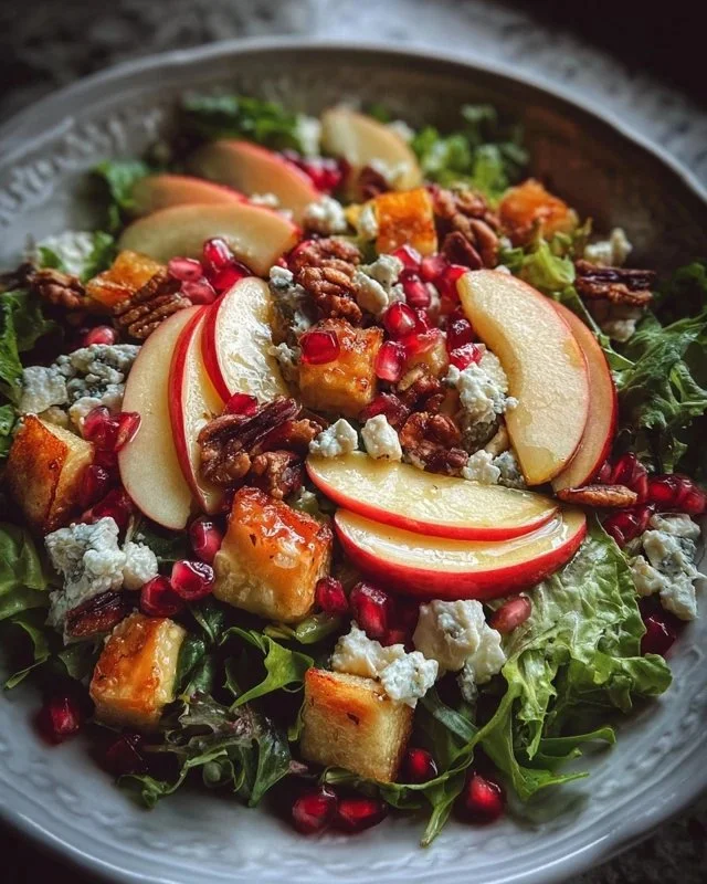Honeycrisp apple feta salad with walnuts and greens on a plate