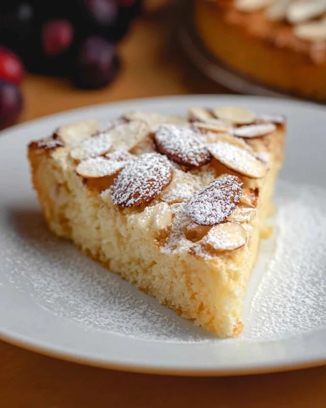 Deliciously moist almond cake garnished with almonds and icing.