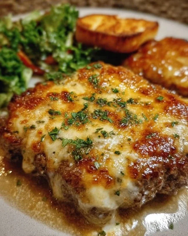 Delicious Amish Hamburger Steak Bake topped with gravy and served with sides