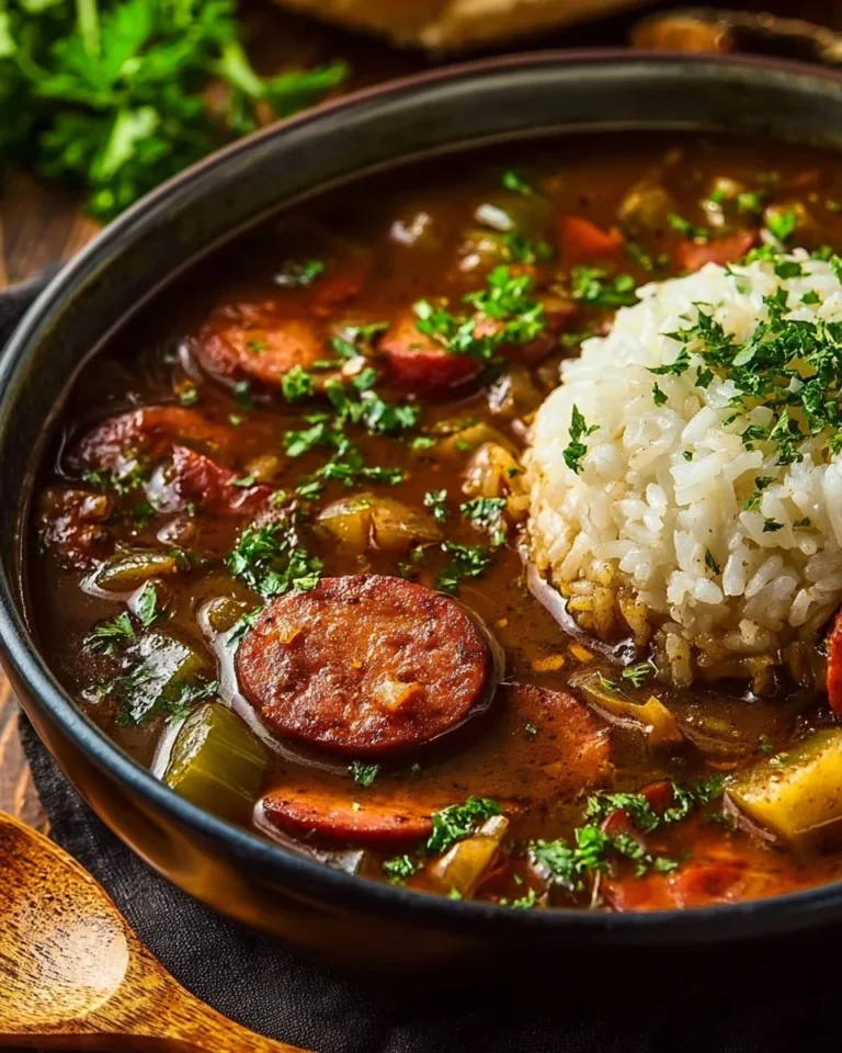 Bowl of authentic Cajun gumbo with sausage and chicken, garnished with green onions