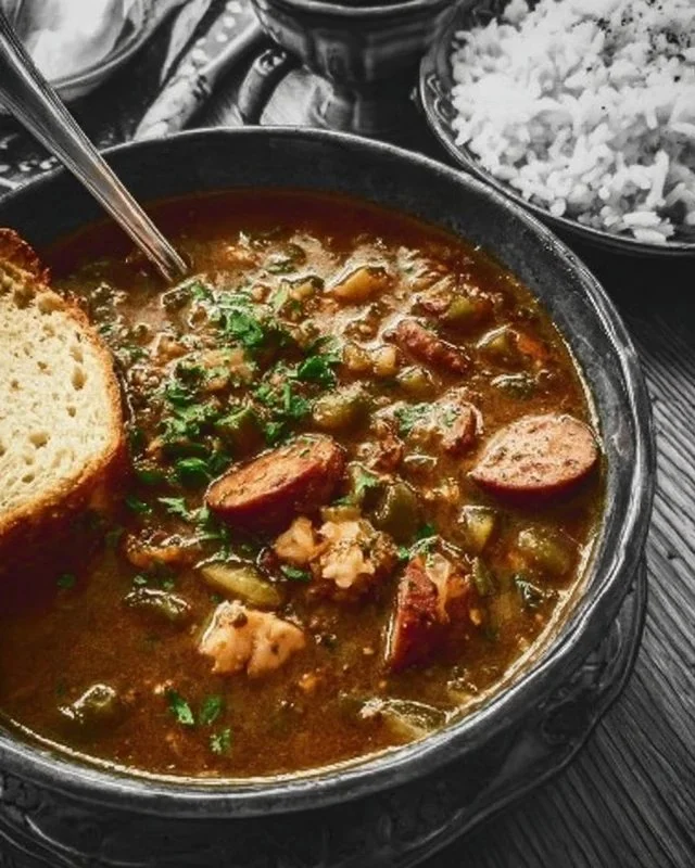 Bowl of authentic Cajun sausage and chicken gumbo with rice and vegetables