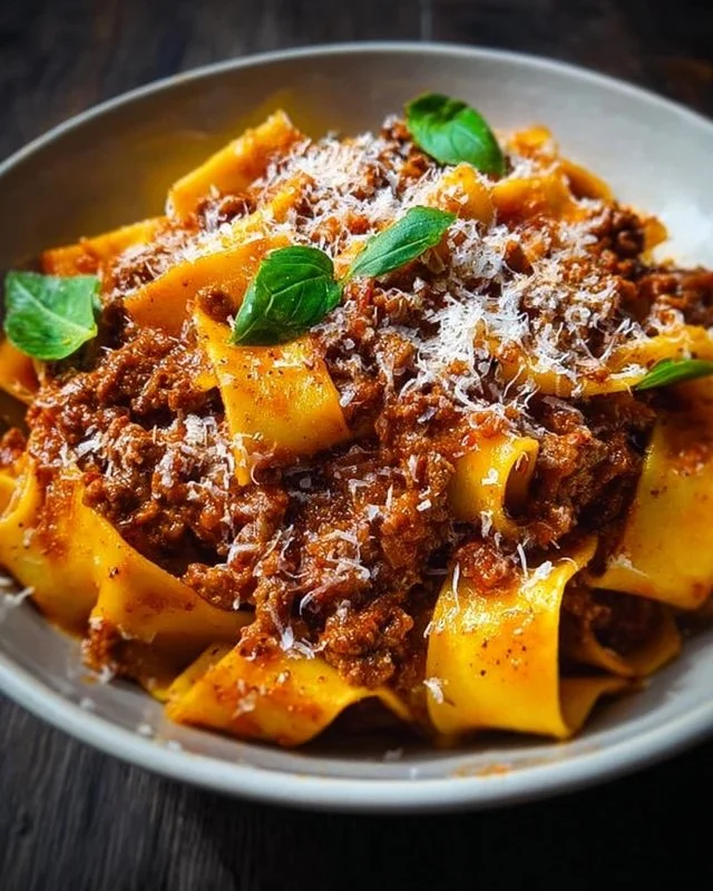 Plate of authentic Pappardelle Bolognese topped with grated cheese and herbs