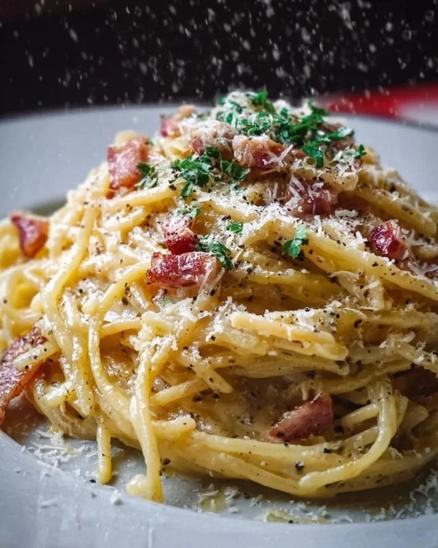 Delicious plate of authentic Pasta Carbonara with creamy sauce and crispy pancetta