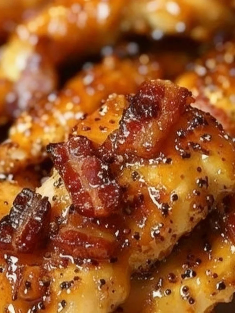 Bacon Brown Sugar Chicken Tenders drizzled with sweet sauce on a plate