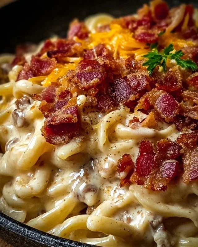 Delicious Bacon Cheeseburger Alfredo pasta dish with crispy bacon and cheese
