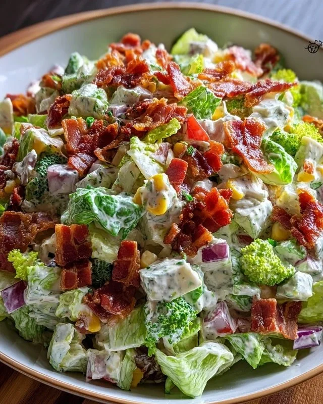 Bacon Ranch Salad featuring crispy bacon, fresh greens, and creamy ranch dressing.