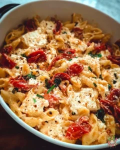 A creamy baked feta pasta dish topped with roasted tomatoes and fresh herbs.