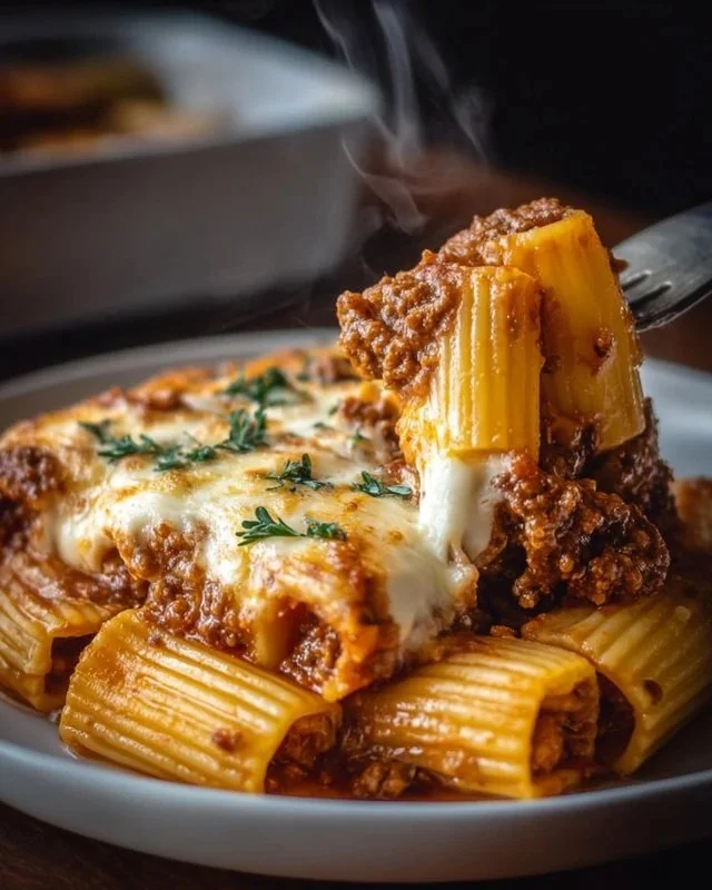 Baked rigatoni stuffed with beef ragu and mozzarella cheese