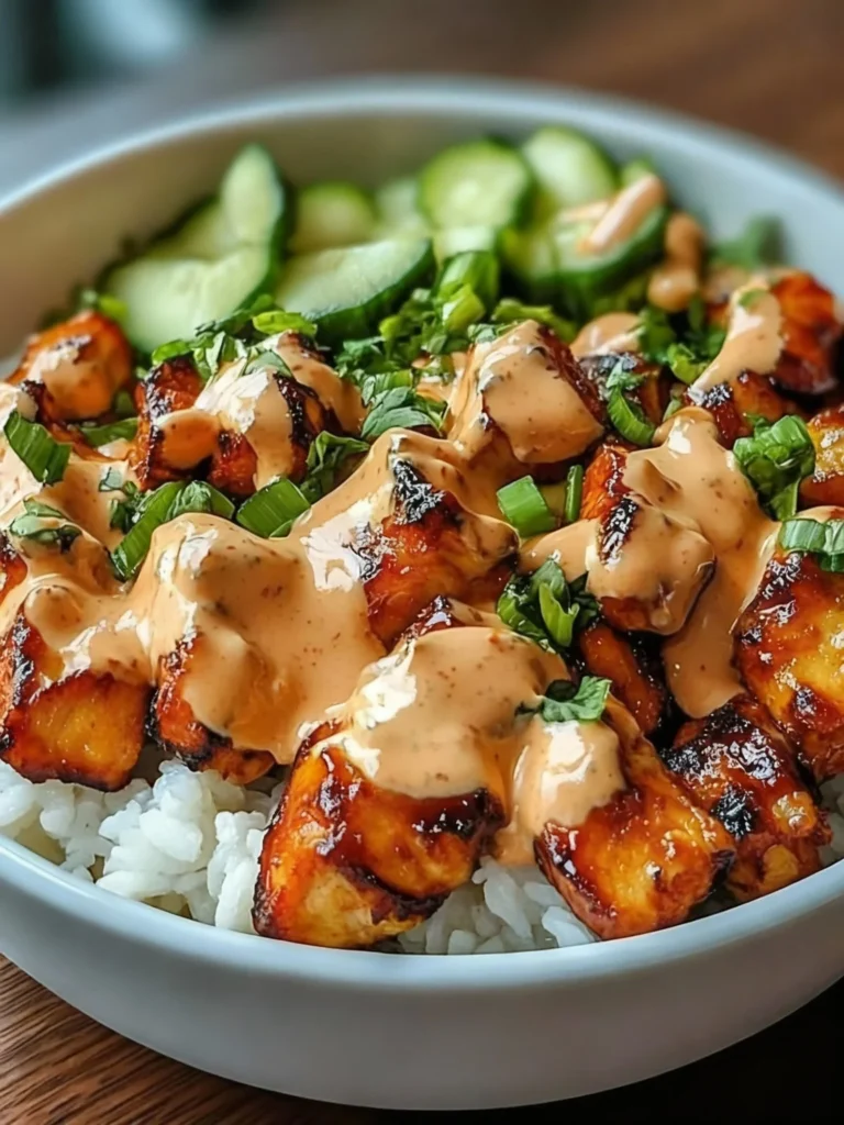 Delicious Bang Bang Chicken Bowl topped with fresh ingredients and a creamy sauce