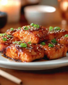 Bang Bang Salmon Bites served on a plate with spicy sauce
