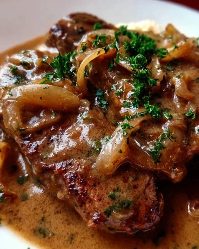 Delicious beef liver with sautéed onions and savory gravy on a plate.