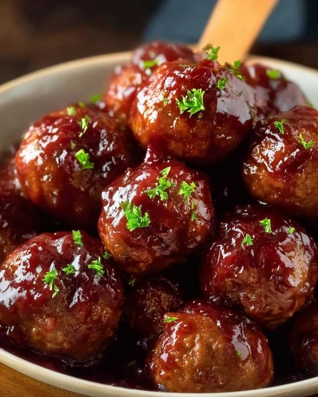 Delicious grape jelly beef meatballs served in a bowl with sauce.