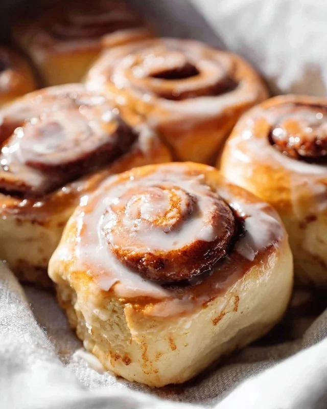 Freshly baked homemade cinnamon rolls topped with creamy icing