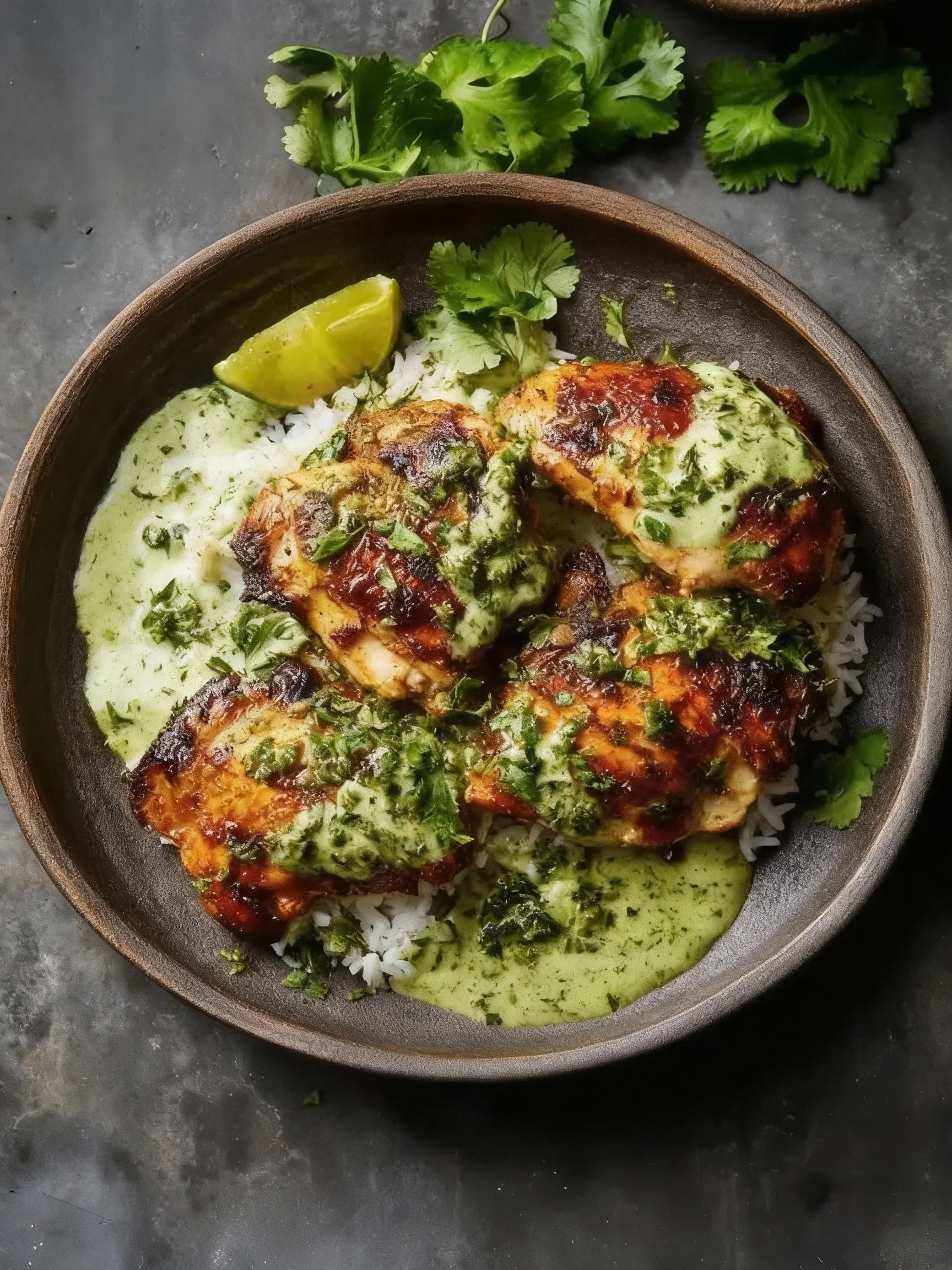 Delicious Peruvian chicken served with creamy green sauce