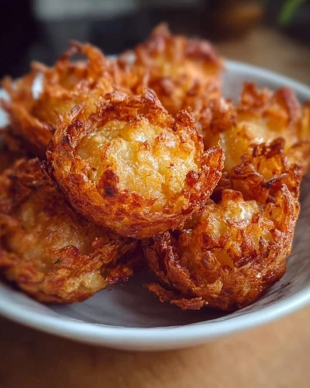 Plate of bite-sized blooming onions with dipping sauce