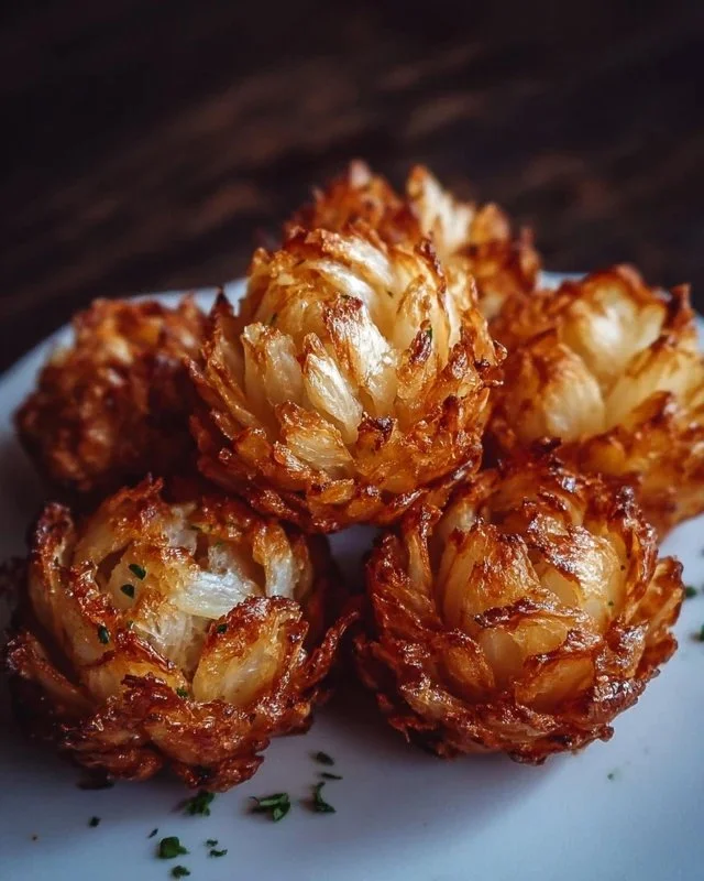 Plate of bite-sized blooming onions served with dipping sauce
