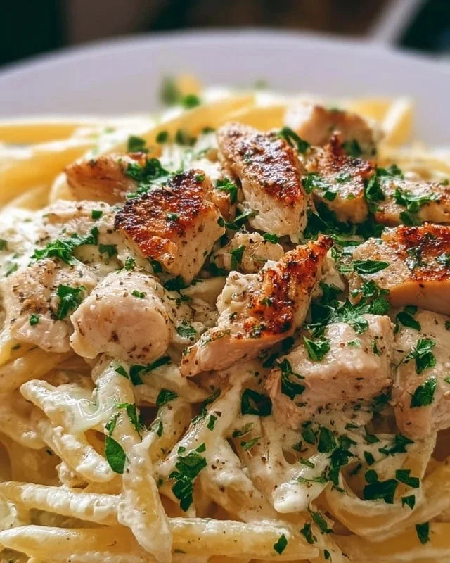 Plate of creamy Boursin Chicken Pasta with fresh herbs and chicken pieces