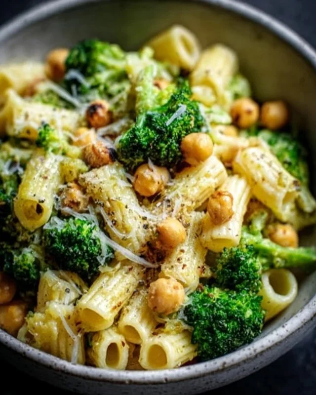 Broccoli chickpea pasta with garlic olive oil served on a plate