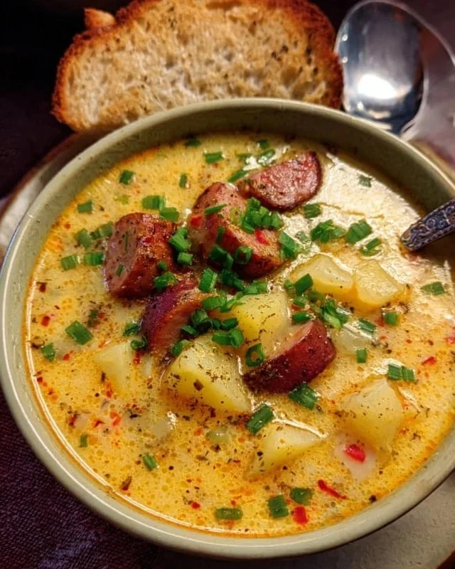 Bowl of Cajun Potato Soup garnished with green onions and spices
