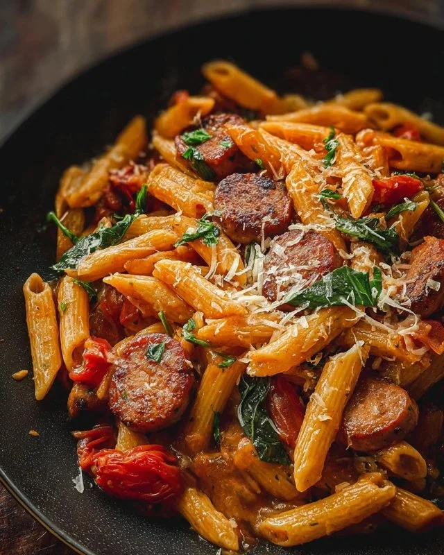 Delicious Cajun Sausage Pasta with creamy sauce and spices