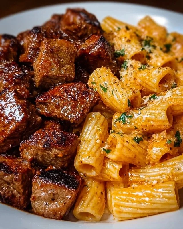 Cajun Steak Tips served with Cheesy Rigatoni in a delicious dish
